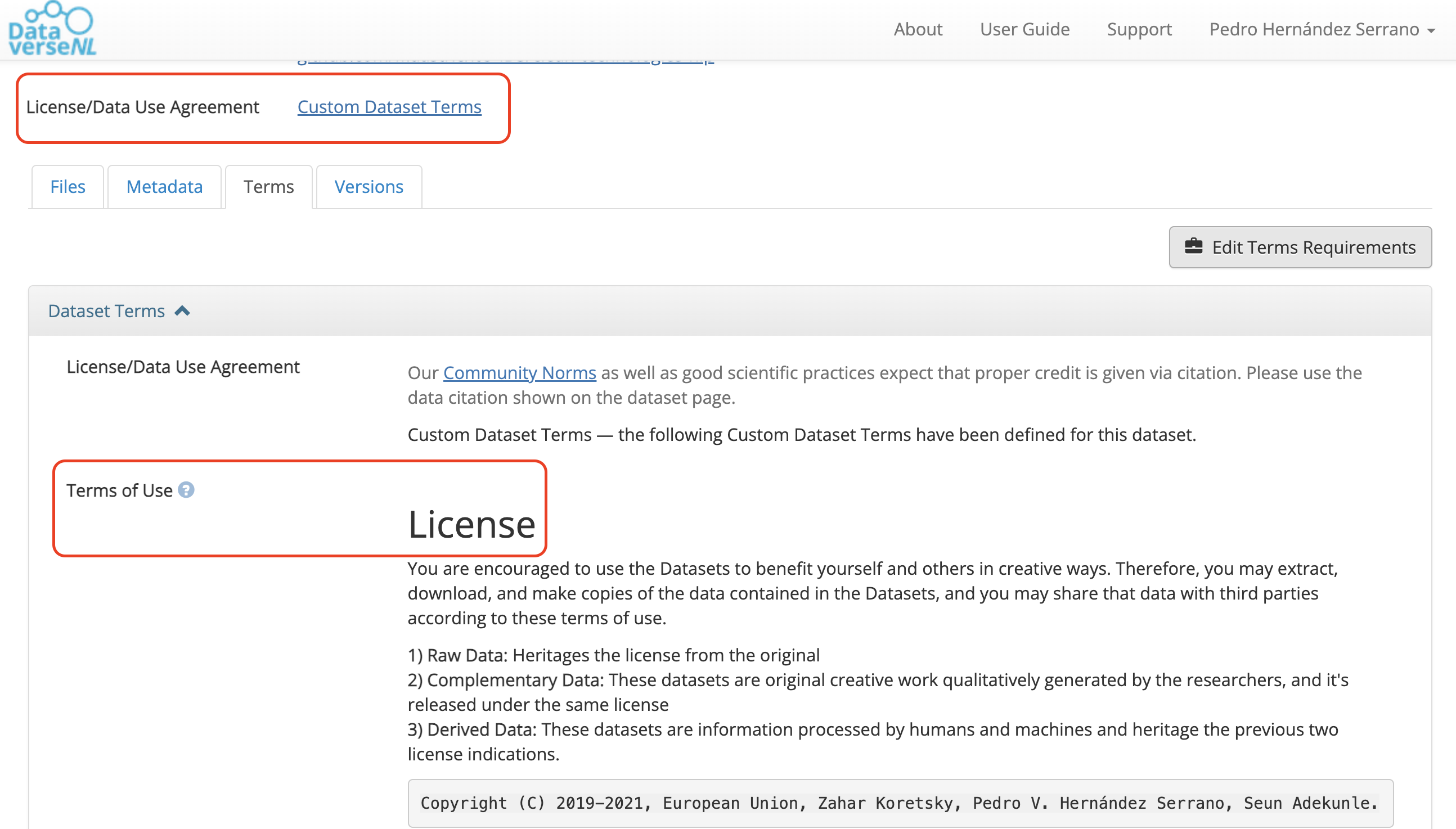 Repository interface showing license and terms options