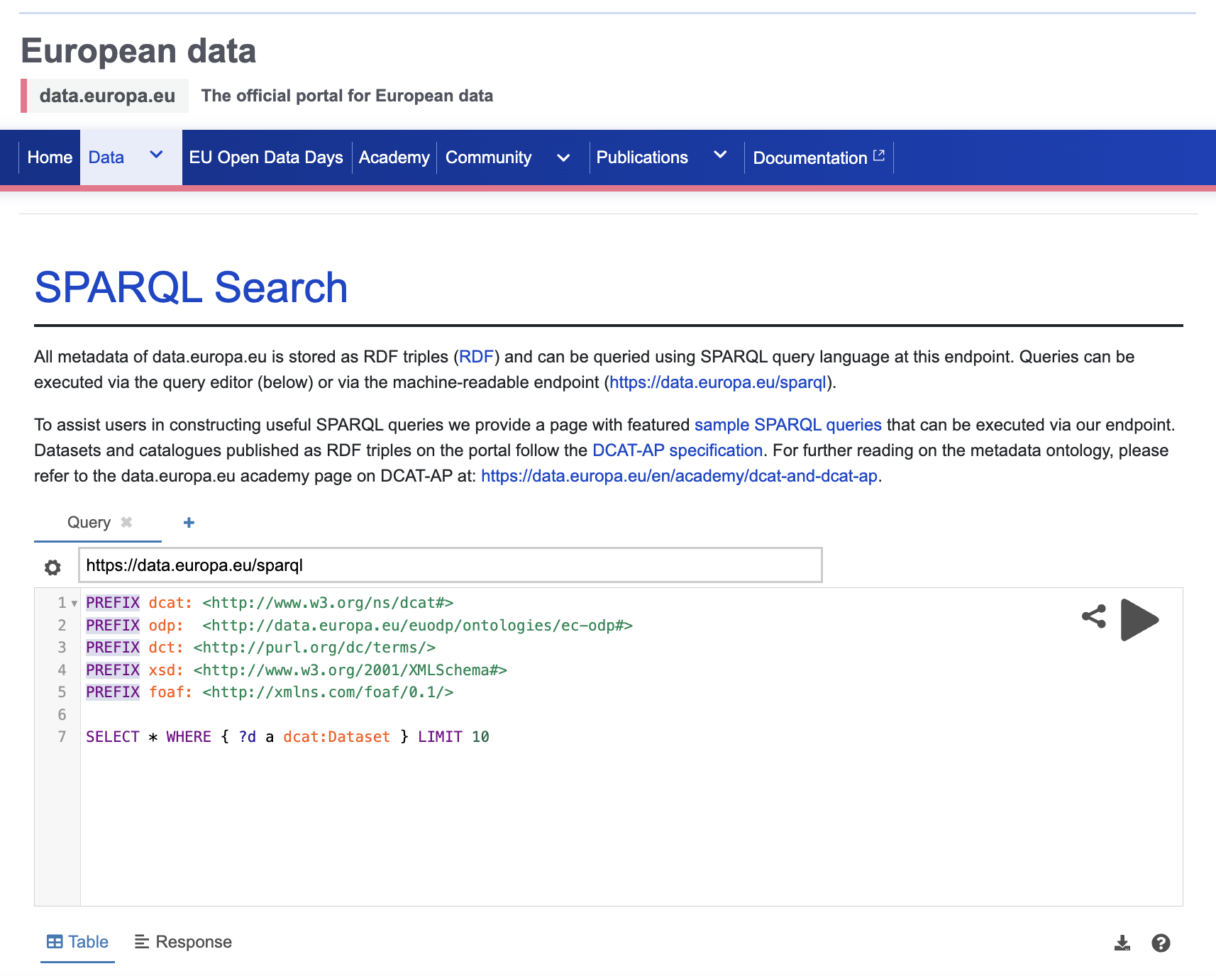 Screenshot of a SPARQL endpoint example