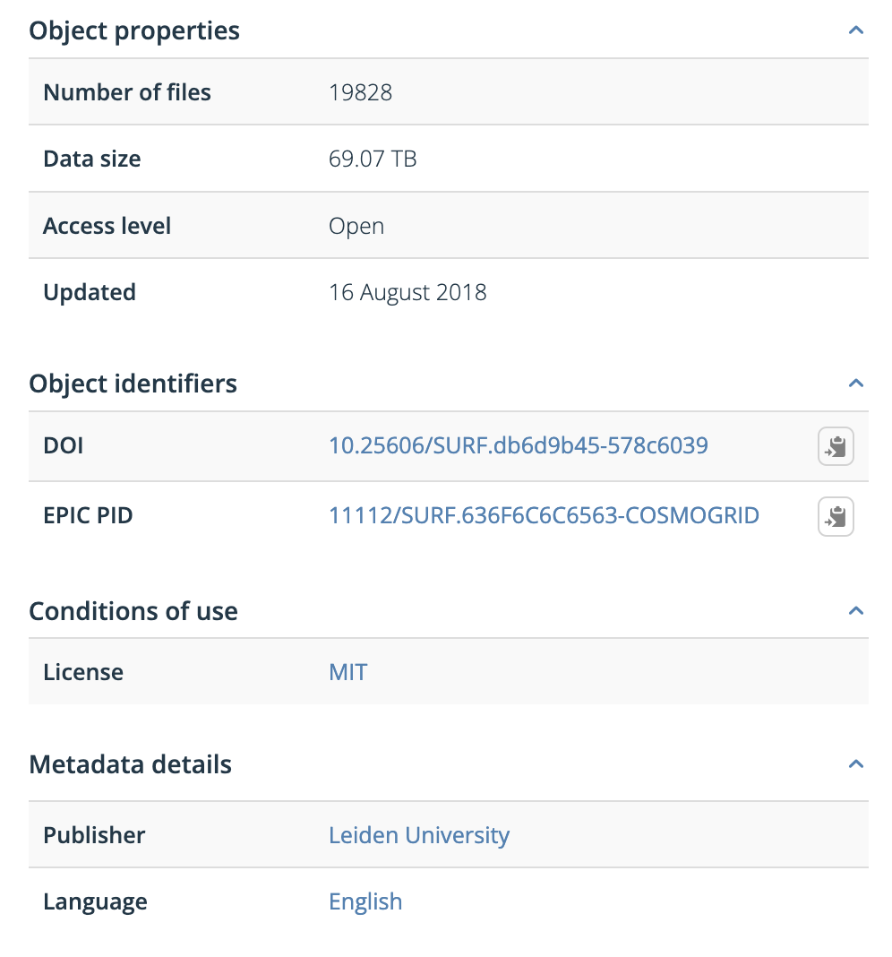 Example of metadata fields shown in a repository