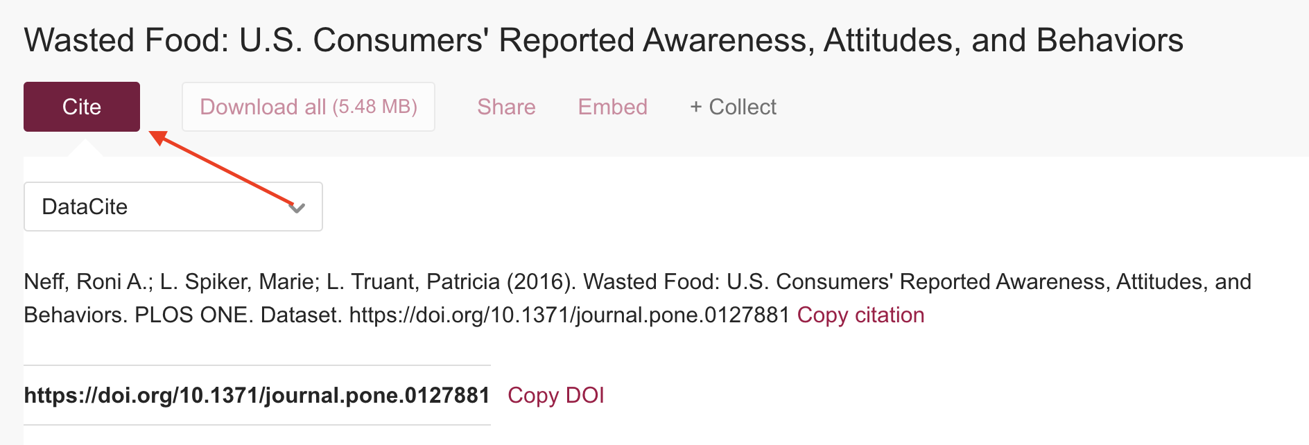 Dataset repository page with citation tools