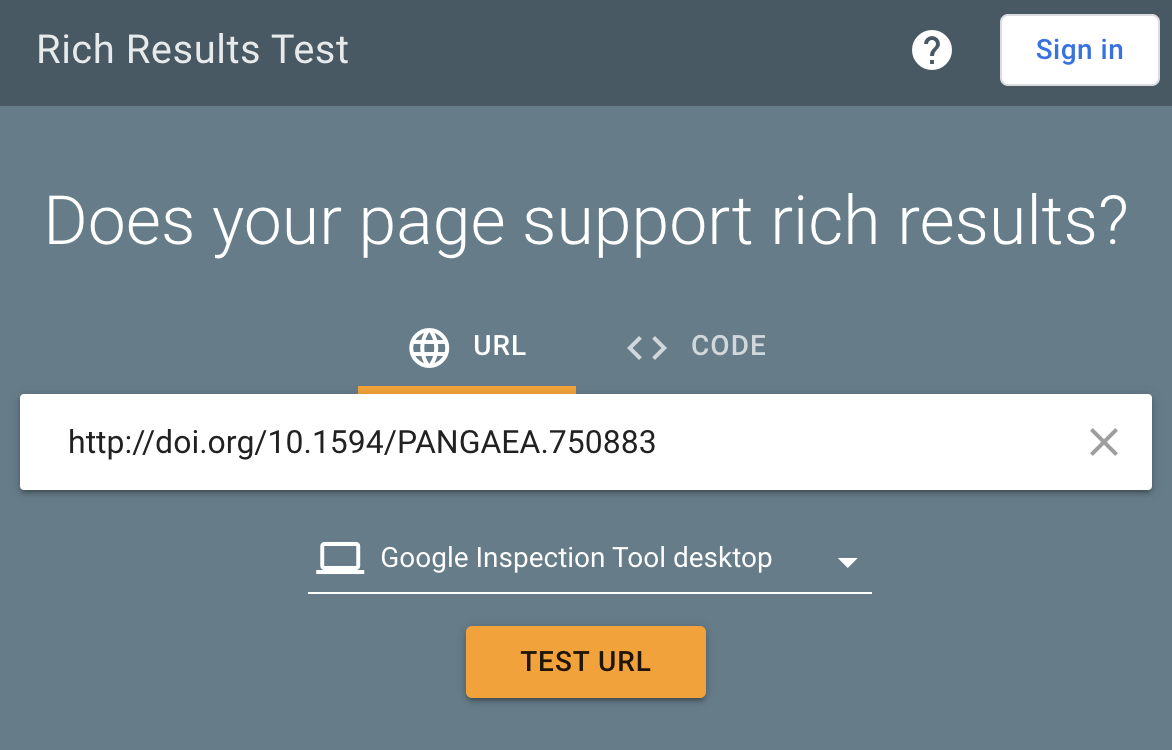 Entering a dataset URL in Google Rich Results Test