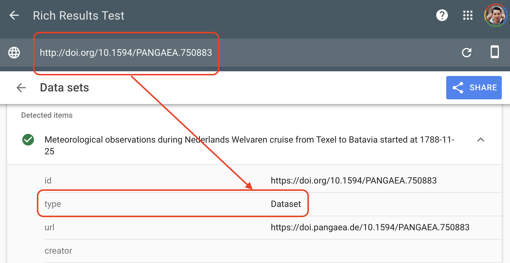 Test results after checking a dataset URL
